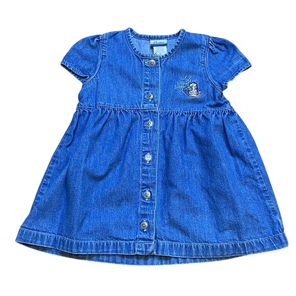 90s Carters Blue Denim Button-Up Dress W/ Hey Diddle Diddle Cat Embroidery 18 Mo - Picture 1 of 6